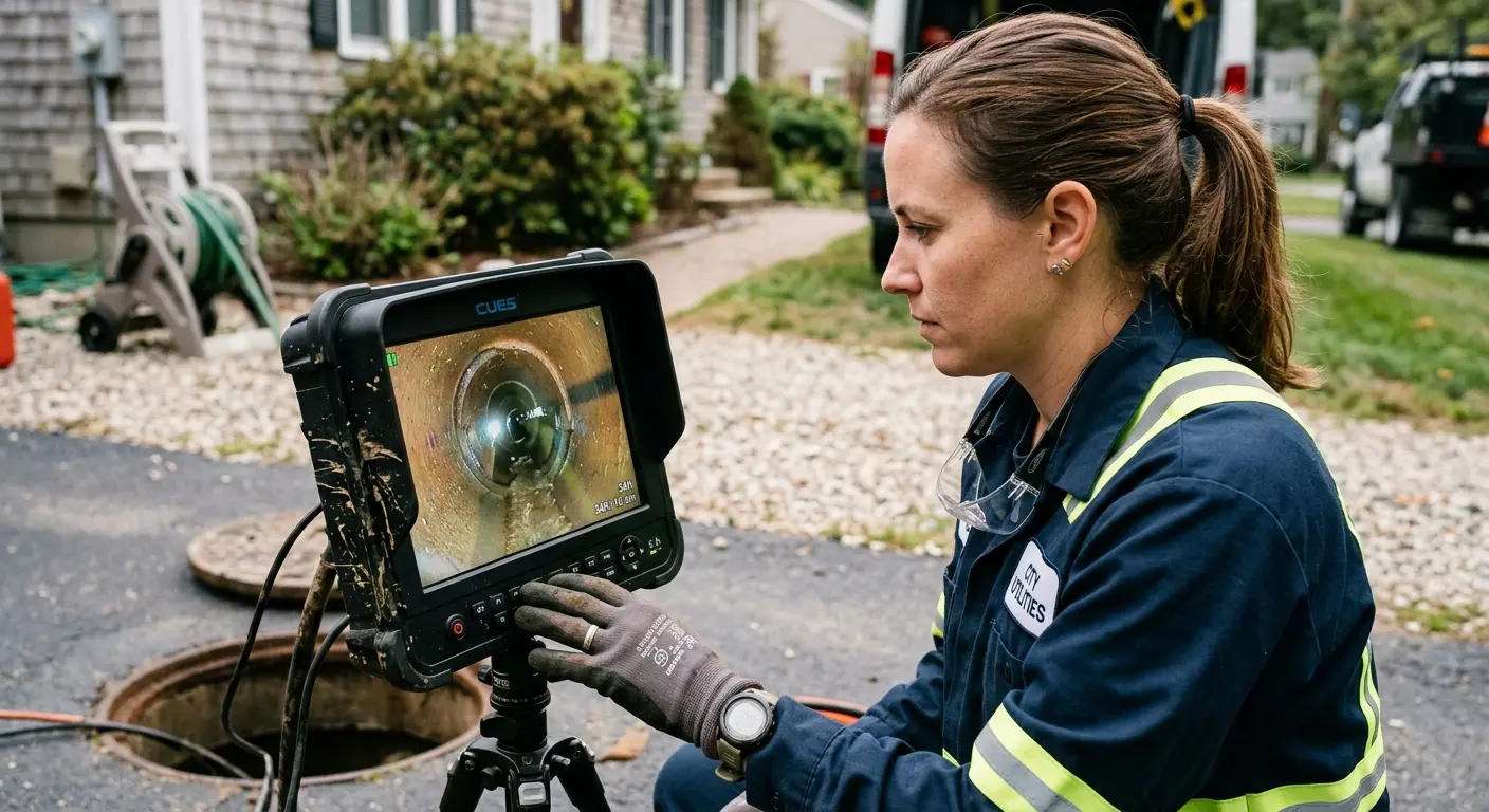 Technician reviewing sewer camera inspection footage in Mendota