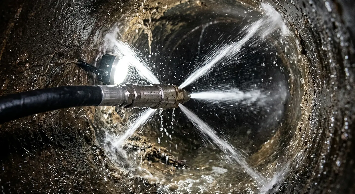 High-pressure hydro jetting nozzle cleaning sewer pipe for Sewer Cleanout in Mendota