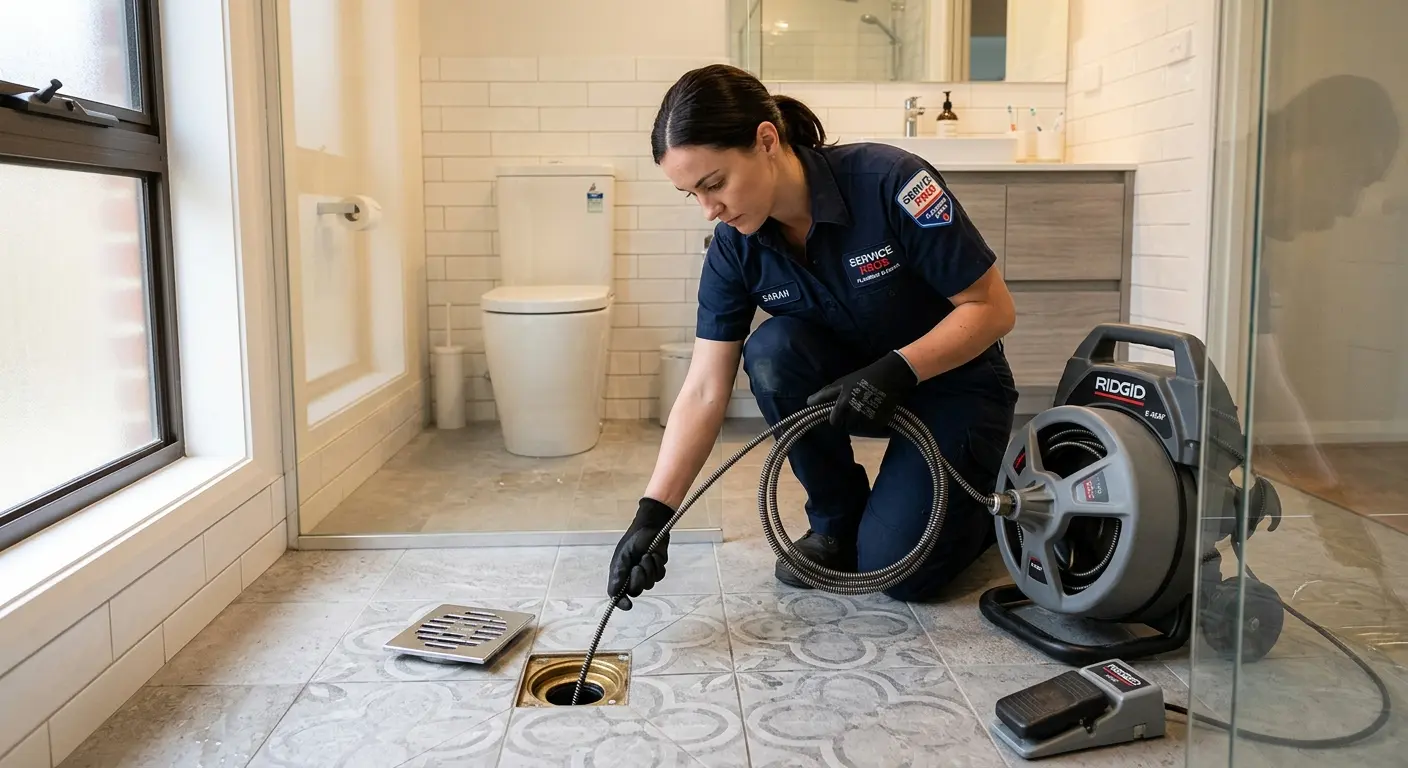 Technician clearing a bathroom floor drain for Drain Cleaning in Mendota
